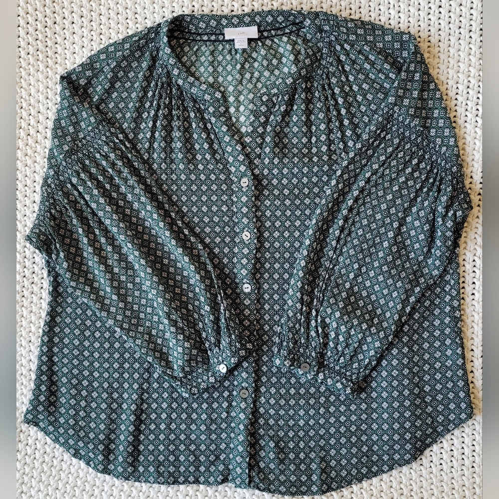 J. Jill 100% Rayon Green Geometric Print 3/4 Sleeve Button-down Blouse, L Petite
